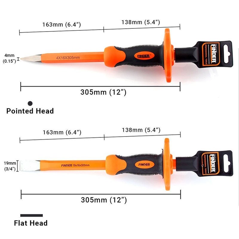Finder 2 pcs 12-Inch Heavy Duty Chisels Set With Hand Protection, Flat Head and Pointed/Spear Head, Demolishing/Masonry/Carving/Concrete Breaker Chisels set with Bi-Material Hand Guard â€¦ - Image 4